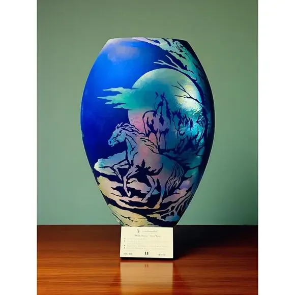 Fenton Favrene Wild Horses Oval Vase-Robin Spindler-Signed Limited Ed-2005-Art